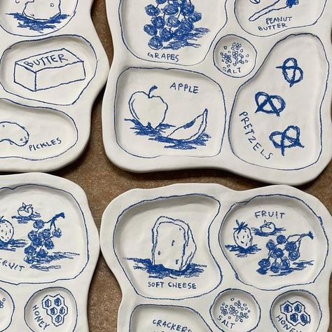 frankie on Instagram: "progress pics of some snacky plates. one more kiln firing and then they are ready 4 snacking 🧀🥨🐟🍯🧈 kinda crazy to think about how i’m going to cover that table (or two) entirely with plates in the next few weeks" Funny Ceramic Plates, Clay Snack Plate, Cool Ceramic Plates, Ceramic Snack Plate, Handmade Ceramic Plate, Ceramic Cheese Plate, Clay Plates Design, Ceramics Plate, Clay Plates