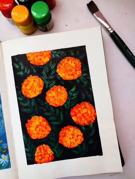 Marigold Flower Painting, Easiest Painting, Marigold Painting, Shorts Painting, Gouache Flowers, Simple Paintings, Floral Paintings Acrylic, Animated Art, Flowers Paintings