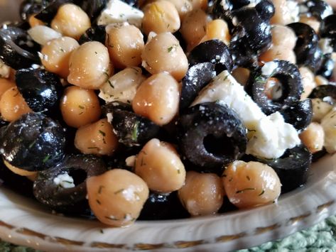 Black Olive and Chickpea Salad | The Re-Farmer Black Olive Salad, Black Olives Recipes, Olive Salad Recipe, Chickpeas Salad, Olive Snack, Black Chickpeas, Kids Breakfast, Truffle Salt, Olive Salad