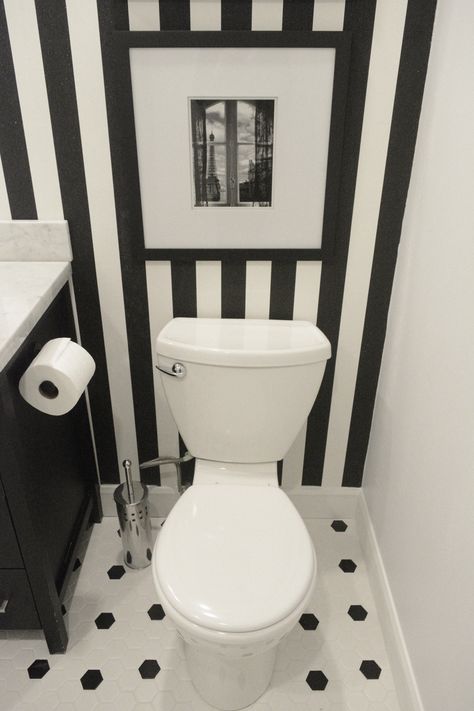 Black And White Striped Wallpaper Bathroom, Black And White Striped Wall Bathroom, Black And White Aesthetic Interiors, Black And White Small Toilet, Black And White Downstairs Toilet, Black And White Powder Room, Small Toilet Room, Basement Remodel Diy, Black Rooms