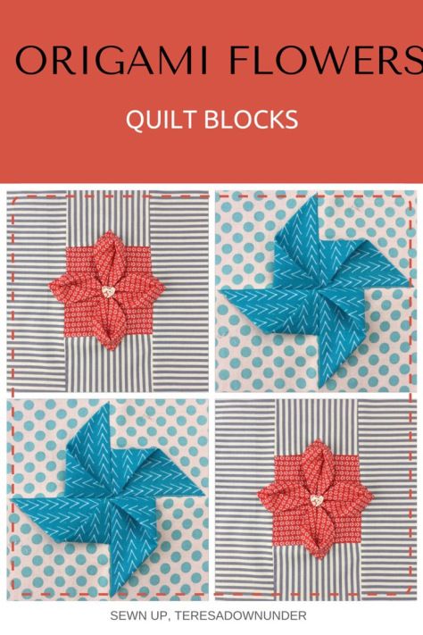 Origami flowers quilt blocks – quick and easy tutorials Origami Easy Tutorial, Origami Pinwheel, Origami Quilt Blocks, Origami Quilt, Pinwheel Quilt Block, Flowers Quilt, Tutorial Origami, Origami For Beginners, Fabric Origami