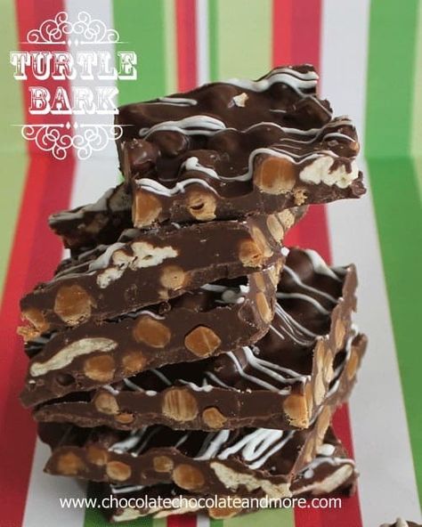 Turtle Bark Turtle Bark Recipe, Turtle Bark, Chocolate Bark Recipes, Candy Bark Recipes, Homemade Holiday Treats, Holiday Candy Recipes, Bark Recipes, Chocolate Caramel Pretzels, Chocolate Bark Recipe