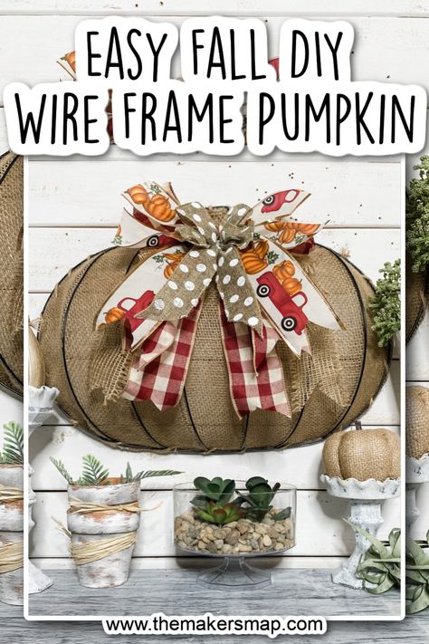 Wire Pumpkin Wreath Diy, Wire Pumpkin, Pumpkin Wreath Diy, Burlap Pumpkins, Pumpkin Arrangements, Pumpkin Door Hanger, Foam Pumpkins, Pumpkin Door, Daycare Crafts