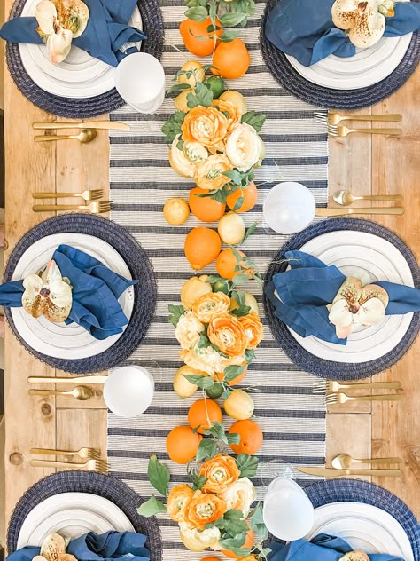 Navy Tablescape, Baby Shower Ideas For Boys Decorations, Blue Table Settings, Citrus Baby, Summer Tablescapes, Orange Julius, Orange Table, Fun Lunch, Natural Element