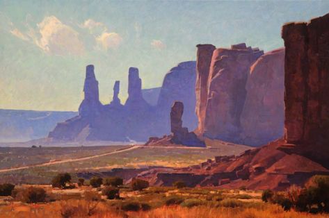 Valley Concept Art, Painting Background Ideas, Southwest Art Paintings, Paintings Ocean, American Scene Painting, Ocean Landscape Painting, Western Landscape, West Art, 3d Visual