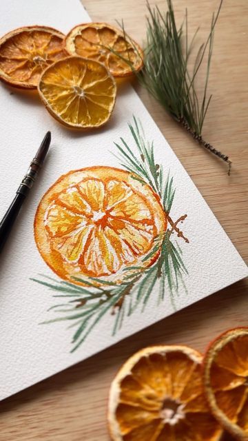 Orange Slices Watercolor, Orange Slice Watercolor, Christmas Cards Art, Easy Watercolor Paintings Christmas, Christmas Artwork Ideas, Holiday Watercolor Cards, Orange Slice Painting, Water Colour Christmas Cards Ideas, Stocking Painting