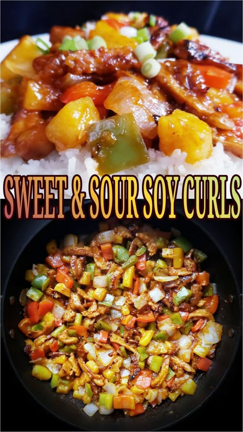 Craving take out from your favorite Chinese restaurant? Take out style sweet & sour sauce is simple to make and soy curls are a perfect substitute for chicken. So good. Vegan Sweet And Sour Chicken, Soy Curls Air Fryer, Soy Curls Recipes Vegan Air Fryer, Butler Soy Curls Recipes, Soy Curls Recipes Vegan, Soy Curl Recipes, Soy Chunks, Tvp Recipes, Soy Curls Recipes