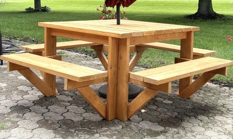 Square Picnic Table Project Square Picnic Table Plans, How To Build A Picnic Table, Picnic Tables Ideas, Square Picnic Table, Diy Picnic, Diy Picnic Table, Picnic Table Plans, Easy Build, Patio Landscaping