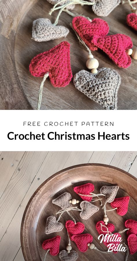 Crochet Valentine Ornaments, Crochet Christmas Hearts Free Pattern, Small Crocheted Heart Pattern, Valentine Crochet Gift Ideas, Crochet Valentines Decorations, Crochet Christmas Heart, Small Crochet Projects Christmas, Beginner Crochet Christmas Projects, Crochet Heart Ornament