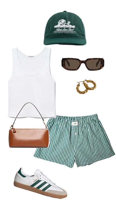 Green summer fit Aesthetic Lounge, Easy Summer Outfits, Shorts For Women, The Outfit, Mode Inspo, Cute Everyday Outfits, Plaid Shorts, Pajama Shorts, Casual Style Outfits