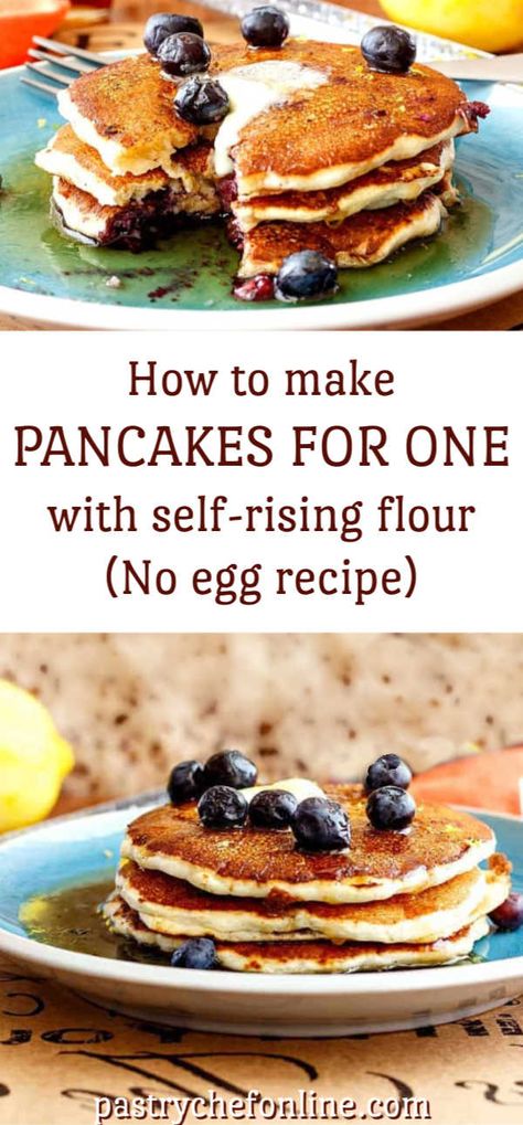 How to make pancakes for one person with self-rising flour. This no egg pancake recipe cooks up light, fluffy, and tender without eggs. Treat yourself for breakfast, brunch or breakfast for dinner with this easy pancake recipe you don't have to share with anyone! #pancakesforone #pancakesnoegg #pancakerecipe #selfrisingflour #breakfast #pancakes #brunch #pastrycnefonline Pancake Recipe Using Self Rising Flour, Pancakes For One Person, No Egg Pancake Recipe, Ihop Pancake Recipe Without Buttermilk, Pancake Recipe Without Eggs, I Hop Pancake Recipe, Recipe Pancakes, Easy Pancake Recipe, Pancakes For One