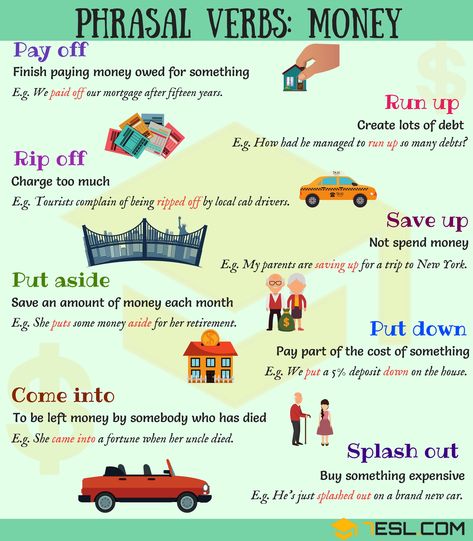 MONEY Vocabulary: 11 Common Phrasal Verbs about Money - 7 E S L Phrasal Verbs With Up, Money Vocabulary, Common Phrasal Verbs, Phrasal Verb, Learning English For Kids, English Learning Spoken, Conversational English, Phrasal Verbs, English Vocab