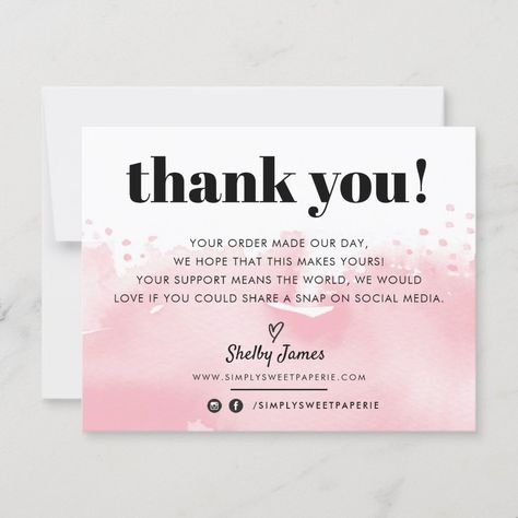 BUSINESS THANKS modern watercolor pretty pink LOGO Thank You Card | #business #modern #handmade #thankyouforyourpurchase #thankyou #minimalist #insert #contemporary #simple #professional Business Thank You Notes, Hang Tags Clothing, Thank You Card Size, Small Business Cards, Packaging Ideas Business, Thinking Of Someone, Custom Thank You Cards, Modern Watercolor, Logo Modern