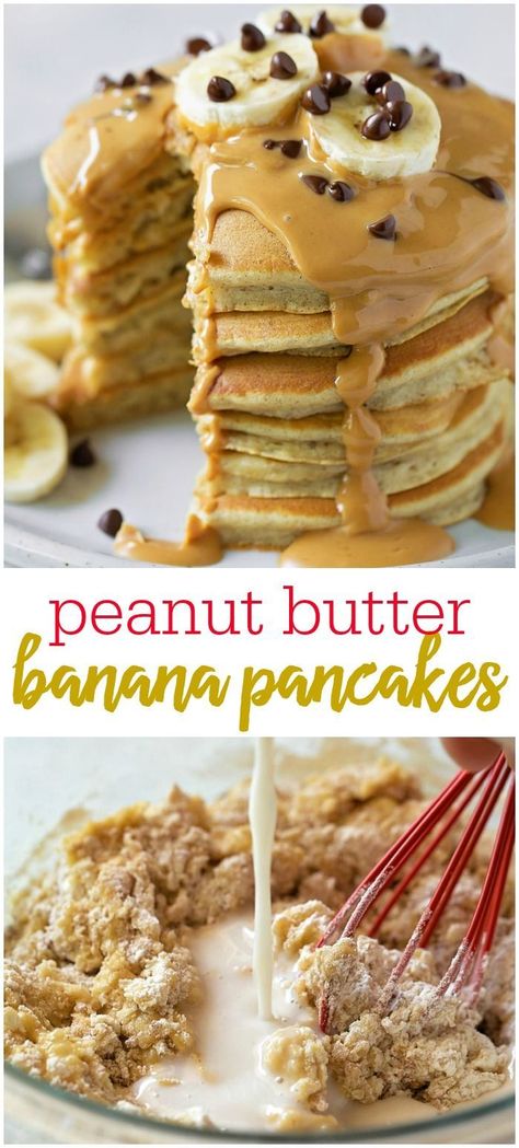 These delicious and fluffy banana pancakes are topped with melted peanut butter, bananas and chocolate chips making them irresistible. Omit the bananas, and you have delicious peanut butter pancakes! #peanutbutterbananapancakes #breakfast #breakfastrecipes #pancakes Peanut Butter Banana Pancakes, Fluffy Banana Pancakes, Peanut Butter Pancakes, Banana Pancake, Banana Pancakes Recipe, Cupcakes Recipes, Pancake Recipes, Peanut Butter And Chocolate, Savory Cakes