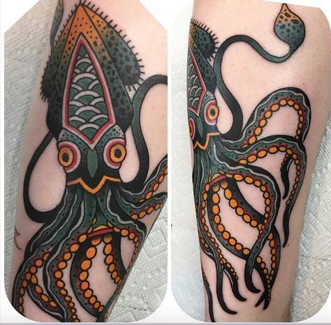 American Traditional Kraken by Becca Genné-Bacon at The End Is Near, Brooklyn NY Kraken Traditional Tattoo, American Traditional Octopus Tattoo, Big Traditional Tattoo, Traditional Tattoo Octopus, Traditional Octopus Tattoo, Kraken Tattoo, Squid Tattoo, Tattoo T, Octopus Tattoo Design