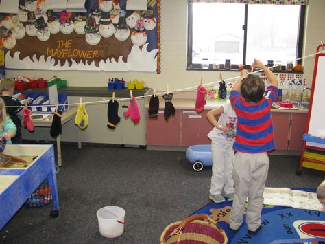 The kids loved hanging the mittens they washed on a clothes line in the classroom.  The Mitten unit. Clothes Dramatic Play Preschool, Dress Up Center Preschool, Prek Clothing Study, Clothes Dramatic Play, Clothes Theme Preschool, Clothing Theme Preschool, Clothing Unit For Preschool, Preschool Clothing Study, Clothing Unit Creative Curriculum