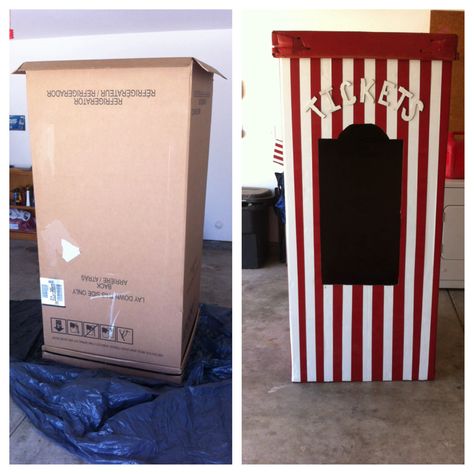 Cardboard Ticket Booth Diy, Diy Ticket Booth Cardboard Boxes, Ticket Booth Halloween, Cardboard Ticket Booth, Movie Ticket Booth, Ticket Booth Diy, Diy Ticket Booth, Clowns Halloween Decorations, Scary Circus