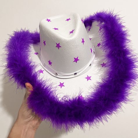 Neon Space, Eras Outfit, Festival Friends, White Cowboy Hat, Festival Fancy Dress, Custom Cowboy Hats, Halloween Rave, Purple Stars, Matching Friend