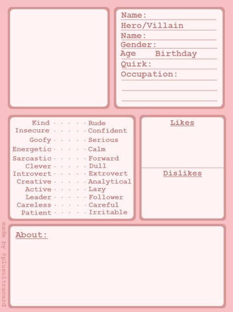 Character Bio Template, Oc Card, Character Sheet Writing, Google Doc Templates, Oc Template, Character Sheet Template, Villain Names, Information Board, Docs Templates