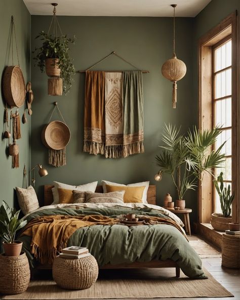 Wall Decoration Boho, Boho Interior Design Bedroom, Boho Bedroom Art, Boho Style Apartment, Boho Style Bedroom Decor, Bedroom Loft Style, Boho Minimalist Bedroom, Boho Style Interior Design, Green Boho Bedroom