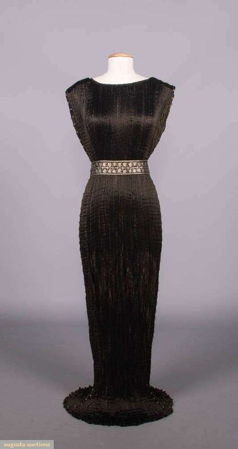 Fortuny Delphos Gown With Two Stenciled Belts, Italy, 1930s, Augusta Auctions,  September 25th, 2024 - End of Summer Elegance Delphos Gown, Fortuny Delphos, Underarm Discoloration, Stylized Leaf, Very Dark Green, Goddess Style, Augusta Auctions, Asian Sculptures, Summer Elegance