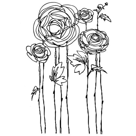 ranunculus Ranunculus Line Drawing, Ranunculus Drawing Simple, Ranunculus Flower Tattoo, Stamp Sketch, Buttercup Tattoo, فن النسيج, Wildflower Drawing, Ranunculus Flower, Cheap Stamps