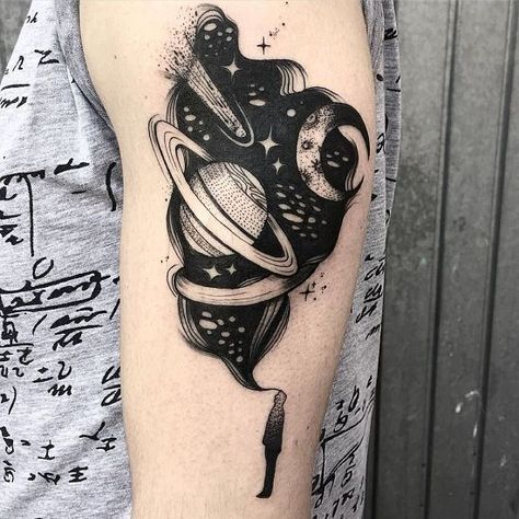 Blackwork tattoo – over 60 unique designs for men and women with meanings. From full sleeves to small ideas. Everyone will find something to their liking. Space Tattoo Ideas, Space And Galaxy, Nebula Tattoo, Astronaut Tattoo, Universe Tattoo, Blackwork Tattoos, Galaxy Universe, Planet Tattoos, Galaxy Tattoo