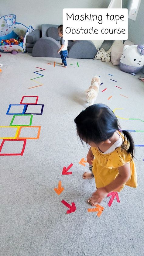 Easy toddler activities using masking tape! Gym For Preschoolers, Tape Obstacle Course, Obstical Course Ideas, Aftercare Ideas, Toddler Obstacle Course, Physical Development Activities, September Lessons, Birthday Chart, Gross Motor Activity