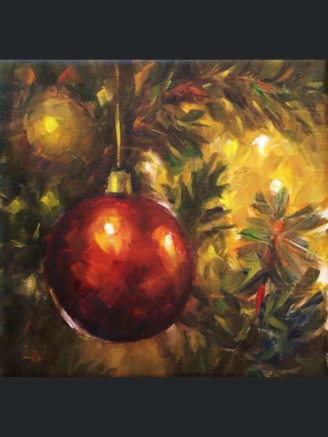 Painting Of Ornaments, Aesthetic Christmas Painting, Christmas Light Painting, Christmas Paintings Ideas, Holiday Paintings On Canvas, Simple Christmas Paintings, Christmas Gouache, Painting Ideas Christmas, Christmas Art Painting