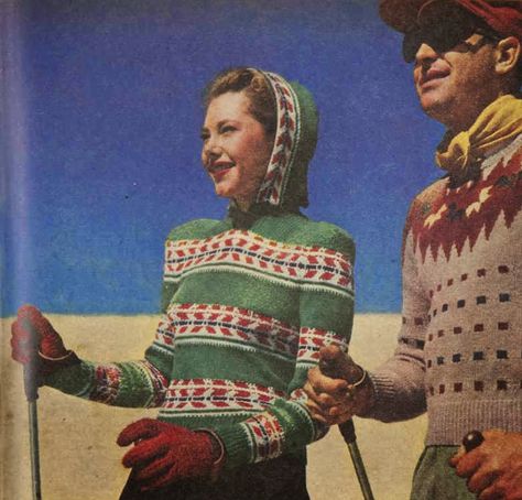 Jill's Sweater and Hood - Free pattern from the Australian Women's Weekly, 1949 Ski Sweater Knitting Pattern, Knit Ski Sweater Pattern, 50s Knitting Patterns, 1930s Knitwear, Vintage 1920s Sweater Knitting Pattern, Vintage Christmas Party, 1950 Knitting Patterns, 1940s Outfits, Fair Isles