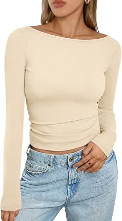 Trendy Queen Women's Long Sleeve Shirts Going Out Boat Neck Tops Slim Fitted Tshirts Tight Y2k Outfits Tshirts Tight, Apricot Clothing, Business Casual Blouse, Fall Knit Sweater, Clothing Sales, Boat Neck Top, Casual Long Sleeve Shirts, Business Tops, Boat Neck Tops