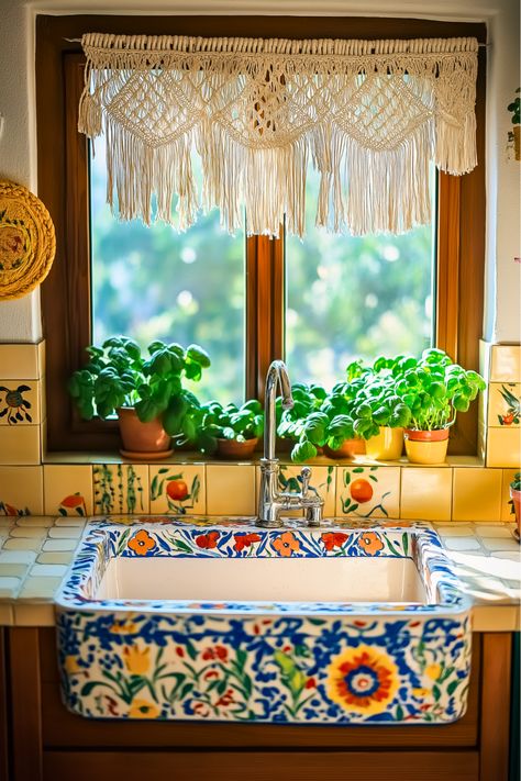 Looking for easy ways to soften your kitchen space? Macrame and woven accents around this Boho kitchen sink add cozy texture and charm. From hanging planters to woven baskets, these details complete the boho chic vibe. Try this to add warmth and personality to your funky kitchen. Boho Kitchen Sink, Kitchen Sink Decor Ideas, Kitchen Sink Inspiration, Macrame Kitchen, Sink Inspiration, Kitchen Sink Decor, Funky Kitchen, Sink Decor, Bohemian Kitchen