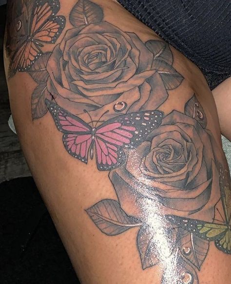 Bottom Tattoos For Women, Front Thigh Tattoos Women Black, Front Thigh Tattoo Women, Inner Thigh Tattoos Women, Front Thigh Tattoos, Tattoos Black Women, Butterfly Thigh Tattoo, Baddie Tattoos, Cute Thigh Tattoos