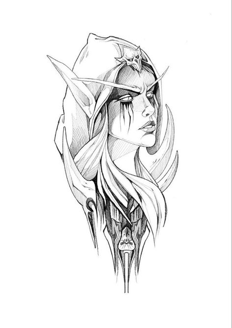 Night Elf Tattoo, Elves Tattoo, Sylvanas Tattoo, Warcraft Tattoo, Elf Tattoo, Elf Drawings, Adventure Tattoo, Bw Art, Blackwork Designs