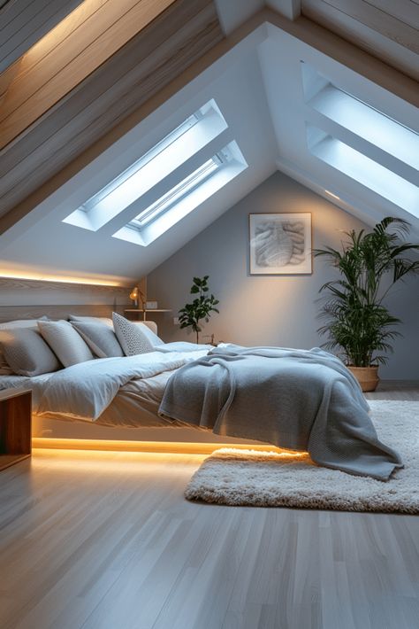 29 Attic Bedroom Ideas 22 High Ceiling Color Ideas, Modern Attic Living Room, Roof Room Design, Sleeproom Ideas, Modern Attic Bedroom, Attic Master Suite, Sloped Ceiling Bedroom, Modern Attic, Attic Bedroom Ideas