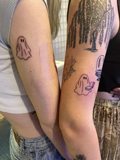 Fall Ghost Tattoo, Small Matching Halloween Tattoos, Ghost Holding Book Tattoo, Ghost Reading Book Tattoo, Reading Ghost Tattoo, Autumn Themed Tattoos, Ghost Reading Tattoo, Ghost With Book Tattoo, Ghost Book Tattoo