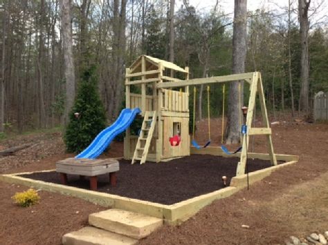 Leveling playground with timber and mulch Playstructure Update, Playset Ideas, Playground Landscape, Backyard Wonderland, Play Area Garden, Homestead Business, Kids Climbing Frame, Playhouse Ideas, Outdoor Playset