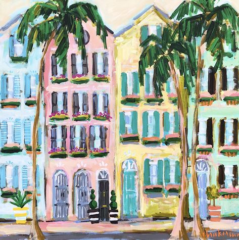 charleston lucky 18x18 // Rainbow Row Series // C. Brooke Ring paintings // Charleston Paintings // Rainbow Row // Charleston, SC // colorful decor // home decor // C Brooke Ring, Rainbow Row Charleston, Charleston Art, Southern Artist, Rainbow Row, Charleston Sc, 그림 그리기, Figure Drawing, Painting Inspiration