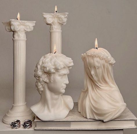 Greek Statues Wedding, Greek Statue Candle, Greek Candles, Candle Decor Bedroom, Makeup Space, Statue Candle, Sculpture Candle, Fantasy Shop, Pure Beeswax Candles