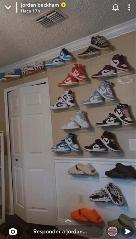 Shoe Wall Display Bedrooms, Nike Room, Aesthetic Fashion Men, Happy Birthday Tom, Sneakerhead Room, Shoe Organization, Sneaker Displays, Shoes Wallpaper, Shoe Wall