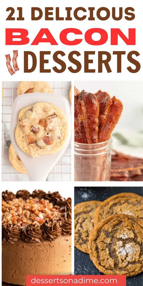 Homemade Bacon Desserts, also known as sweet and savory combinations, have gained popularity in recent years. These recipes are easy to make. These desserts typically incorporate bacon into sweet treats which adds a savory and salty element to traditional desserts. #dessertsonadime #bacondesserts #bacon Billionaire Bacon Recipe, Bacon Dessert Recipes, Maple Bacon Cookies, Bacon Monkey Bread, Maple Bacon Cinnamon Rolls, Bacon Chocolate Chip Cookies, Bacon Desserts, Candied Bacon Recipe, Bacon Treats