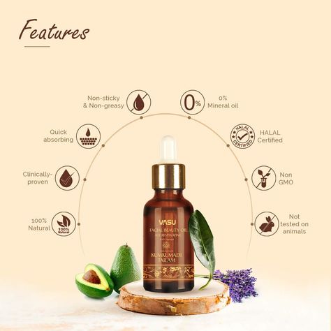 Vasu Facial Beauty Oil – With Kumkumadi Tailam Brand: Vasu 3.9 out of 5 stars 546 ratings | 117 answered questions Price: ₹ 439.00 (₹ 1,756.00 / 100 ml) Fulfilled Product Benefits Design, Natural Face Oil, Cosmetics Advertising, Cosmetic Creative, Social Media Advertising Design, Creative Advertising Design, Email Design Inspiration, Motion Design Video, Graphic Design Ads