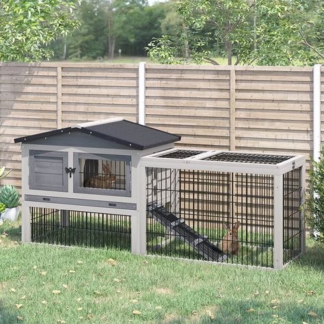 PawHut Clapier en bois massif pour lapin, cochon d'Inde, maison d'extérieur pour petits animaux avec rampe, toit ouvrable résistant aux intempéries, plateau coulissant, gris clair Indoor Guinea Pig Cage, Bunny Cage, Outdoor Hut, Guinea Pig House, Indoor Rabbit, Pig House, Outside Room, Duck House, Bunny Cages