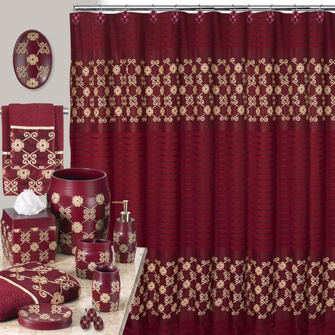 What Color Goes With Burgundy, Red Bathroom Accessories, Elegant Shower Curtains, Rose Shower Curtain, Bathroom Shower Curtain Sets, Bathroom Red, Bathroom Decor Sets, Shower Hooks, Bath Accessories Set