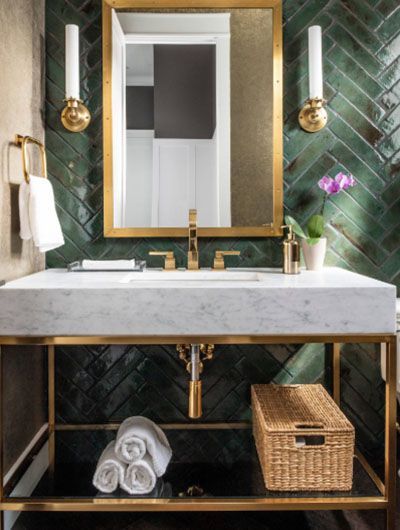 23 Green Tile Design Ideas For Your Bath | Green and Gold Bathroom Design | Green Home Decor Color Palette #GreenTileDesign #Green&GoldDEcor #GreenHomeDecor #GreenColorPalette Transitional Powder Room, Herring Fish, Drømme Bad, Rectangular Tiles, Contemporary Powder Room, Green Tile Bathroom, Green Tiles, Farmhouse Bathroom Remodel, Chevron Tile