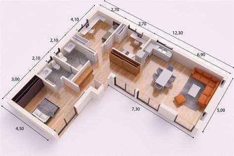 L Shaped House Plans, L Shaped House, Pelan Rumah, Apartment Floor Plan, Building A Container Home, تصميم للمنزل العصري, Tiny House Floor Plans, House Construction Plan, House Layout Plans