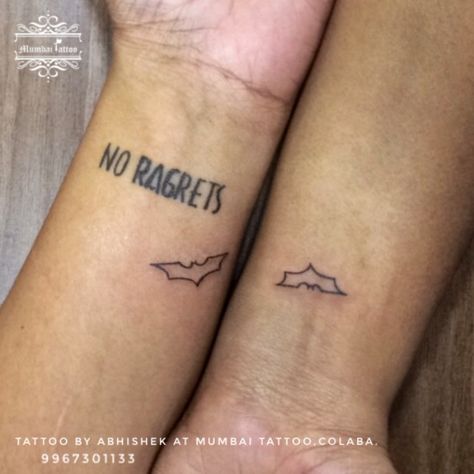 Friendship Tattoos (Batman Tattoo) @bigguystattoo  @mumbaitattoocolaba  . #tattoo #mumbaitattoocolaba #friendships #friendshiptattoo  #friendshipgoals #mumbaitattoo #bigguystattoo #colabacauseway #batmantattoo #batman #darkknightrises #batmantattoos #symboltattoo #matchingtattoos #coupletattoo #relationshipgoals #relationshiptattoo #ink #smalltattoo Patchwork Tattoo Ideas Matching, Batman And Robin Tattoo Matching, Simple Love Tattoos For Couples, Batman Inspired Tattoo, Small Batman Tattoo Ideas, Small Batman Tattoo, Batman Tattoos For Women, No Ragrets Tattoo, Batman Couple