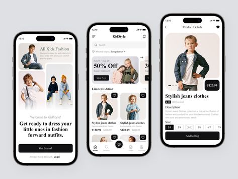 Ecommerce App, Mobile App Ui, Kids Fashion Clothes, Fashion App, App Ui, Ui Ux Design, Ux Design, Kids Clothing, App Design