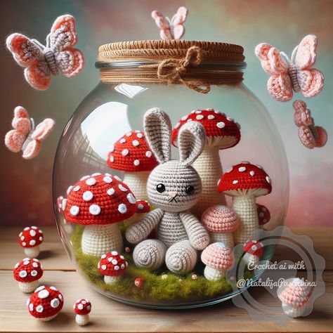 Crochet Dreams | 🌈✨ Inside this glass jar, a tiny world thrives with crocheted butterflies fluttering amongst whimsical mushrooms, and a fluffy bunny… | Instagram Funny Crochet Gifts, Crochet Mushroom, Fluffy Bunny, Crochet Humor, Tiny World, Jar Lids, Yarn Art, Crochet Techniques, Crochet Gifts