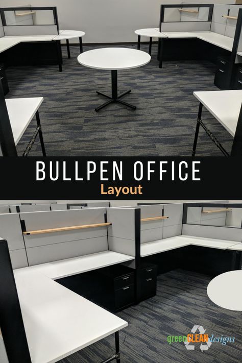 This bullpen office cubicle layout is popular for collaboration. With half round tables and a round table in the middle, these cubicles encourage collaboration. #bullpenofficelayout #officecubicles #greencleandesigns

https://www.greencleandesigns.com/cubicle-ideas-for-growing-company/ Bullpen Office Layout, Cubicle Office Layout, Bullpen Office, Cubicle Layout, Modern Industrial Office, Open Office Layout, Cubicle Ideas, Office Layouts, Cubicle Office